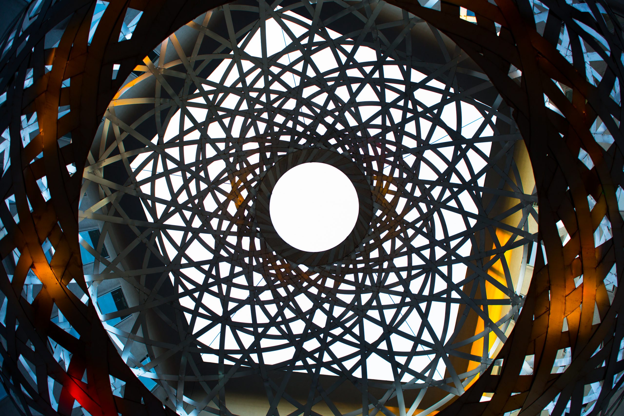 Looking up into a large decorative wire ball