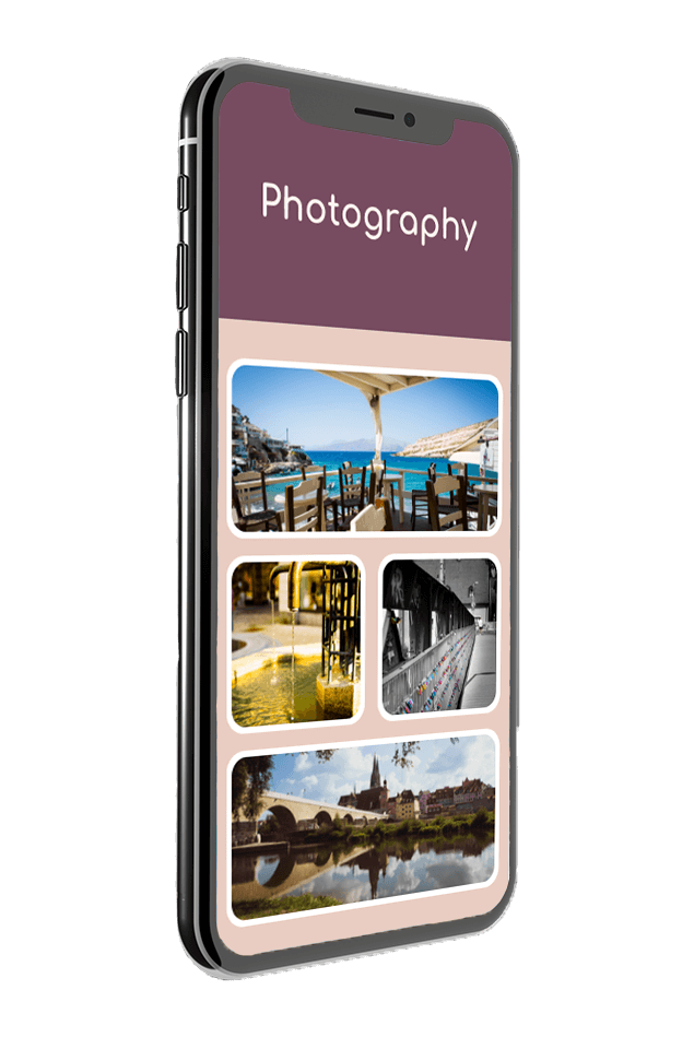 A phone with the word photography on a banner at the top. Underneath are photos from the photo gallery