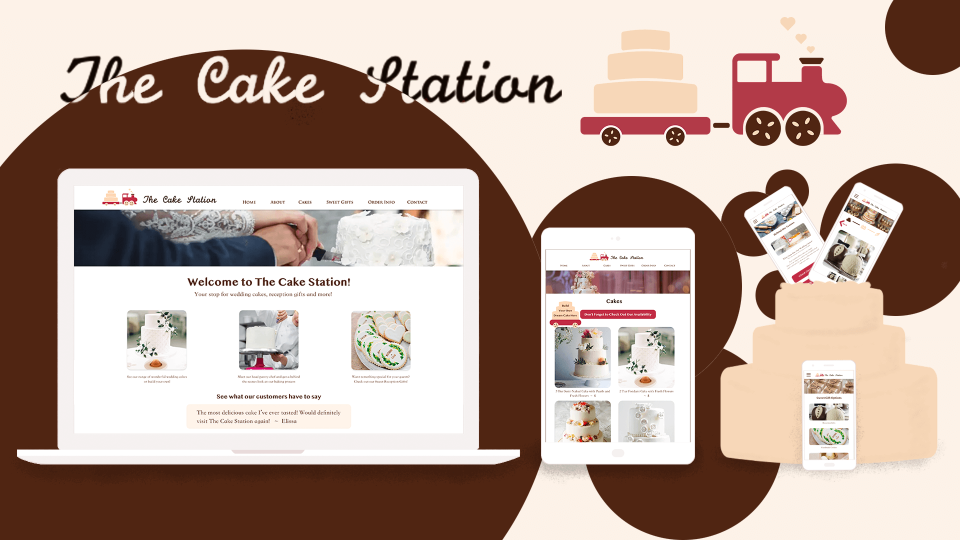 An image containing mockups of The Cake Station on a desktop, tablet and three mobile interfaces. The Cake Station logo and text are also displayed along with a decorative cake (two of the mobile interfaces are popping out of the cake)