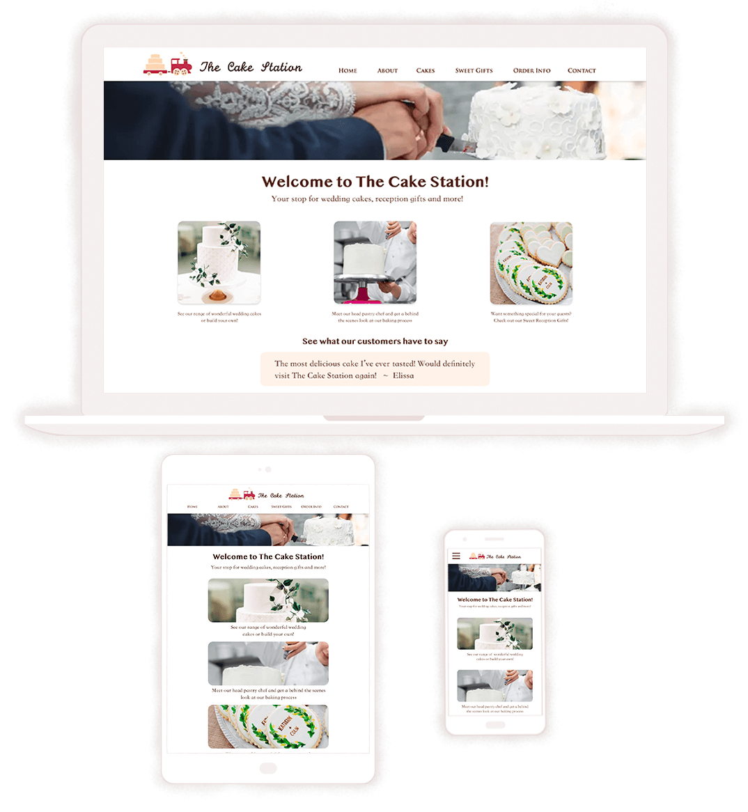 3 mockups of the cake station home page on desktop, tablet and mobile