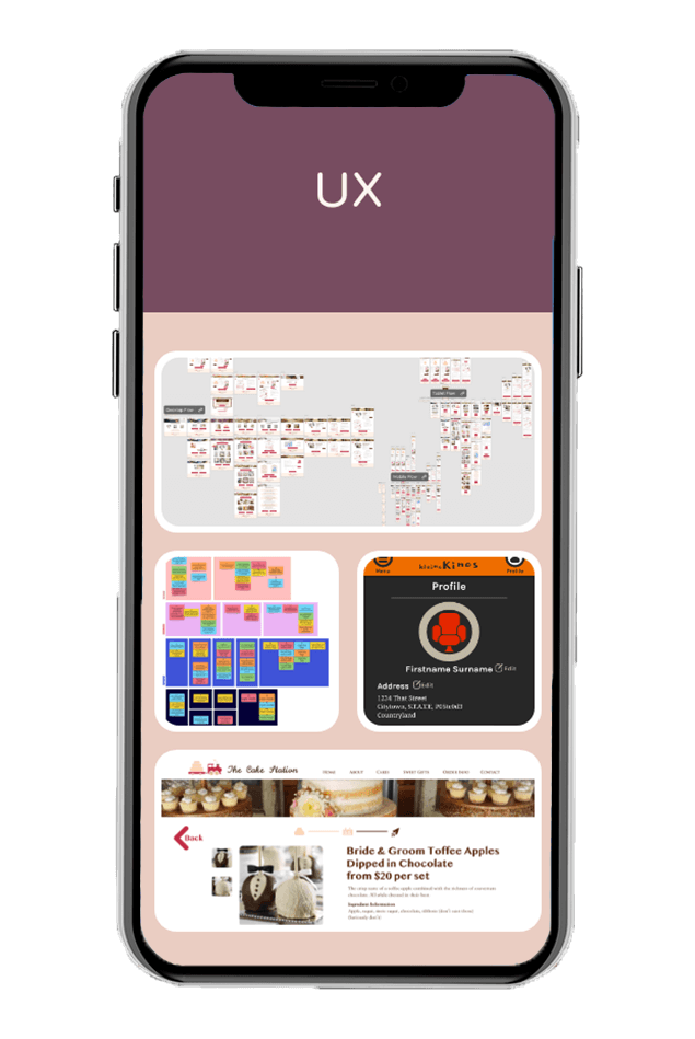 A phone with the word UX on a banner at the top. Underneath are photos from the loUXdesign UX process