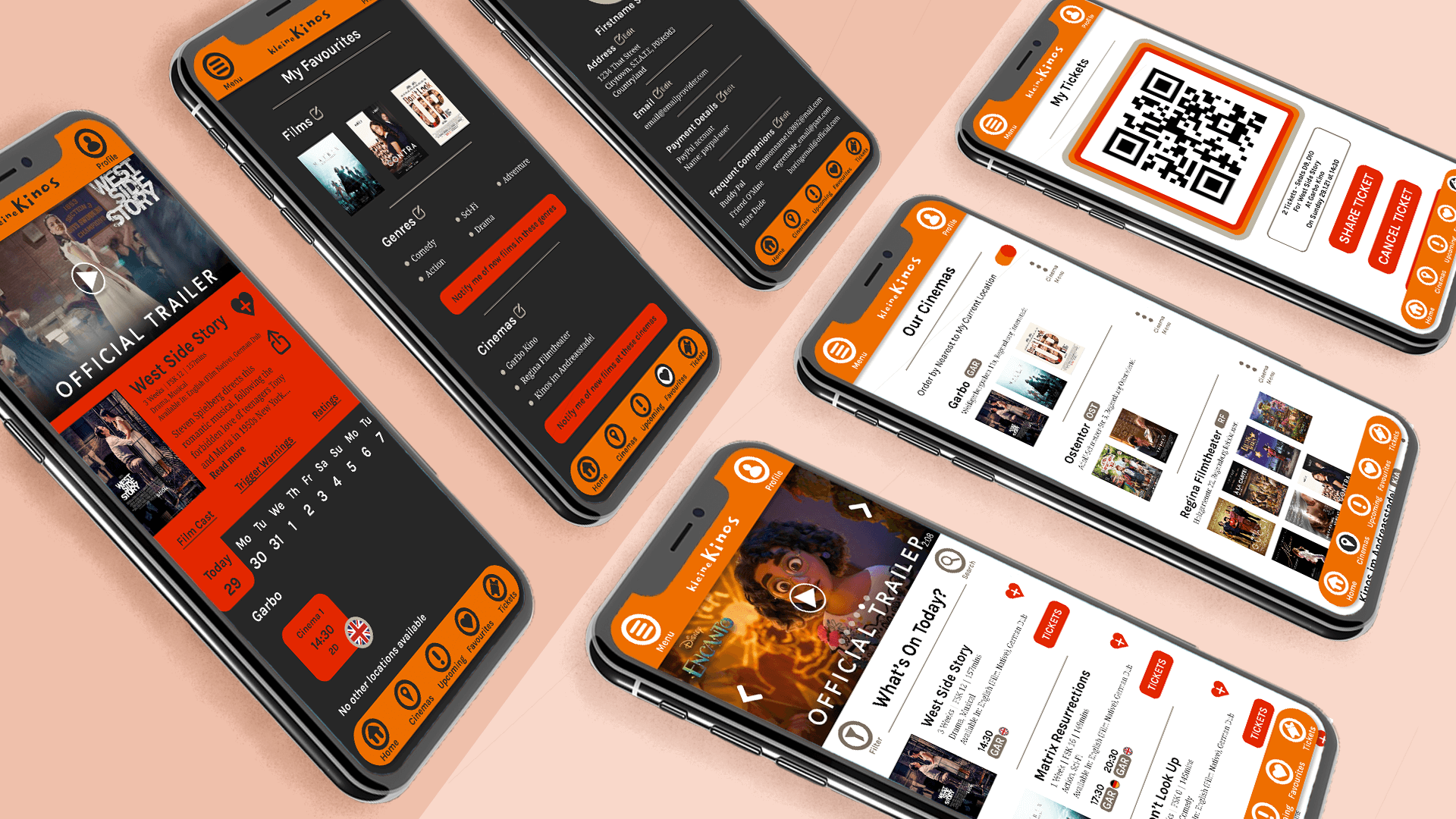 6 mobile mockups of the kleineKinos app on mobile phone screens