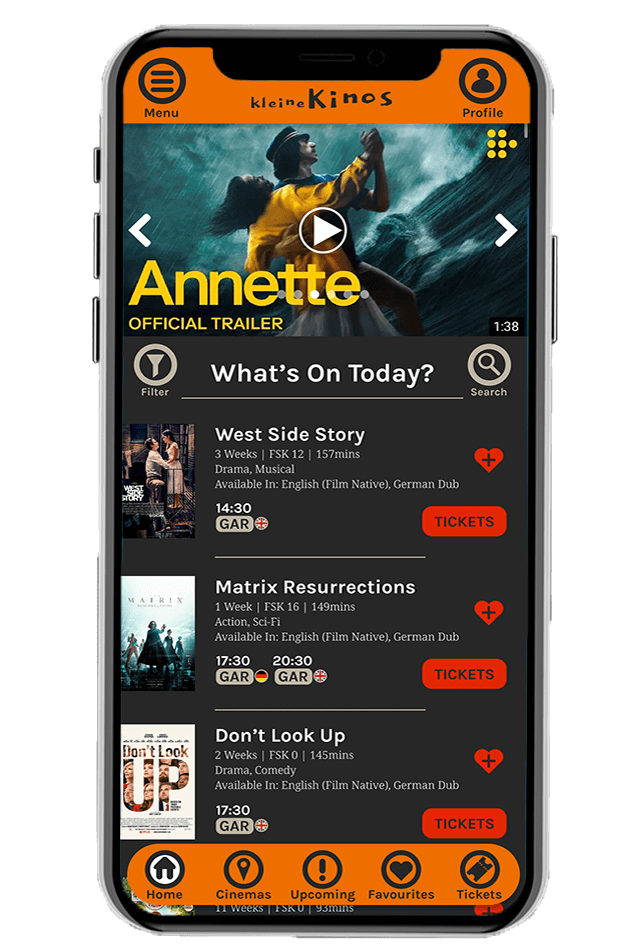 Mockup of the home page of the kleineKinos app in dark mode on a mobile phone